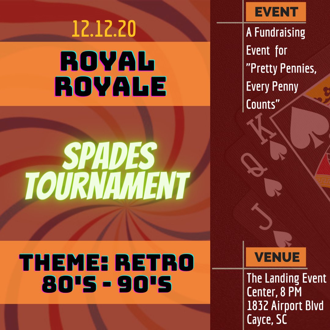 primeprim2013's tweet photo. 22 days to go for Prime and Prim's Royal Royale “Spades Tournament”! With the theme of 80's-90's we are all geared up for the event. Save the date: Saturday, Dec. 12th. Sign up today by texting (803) 306-6932! https://t.co/I8txzjEhKy