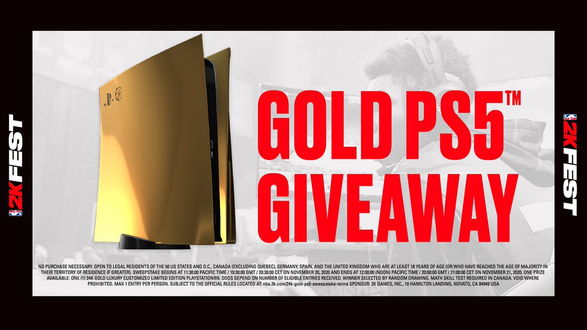 NBA2K's tweet image. 🌟24K GOLD PS5🌟
 
Wanna know how you can win this? We'll tell you during #2KFest Tune in and then come back to this tweet 👀
 
Terms ➡️ 2kgam.es/3nJqo0b