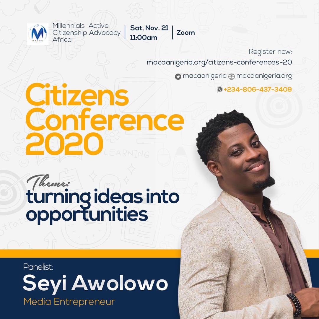 officialseyiawo's tweet photo. Hey guys 👋 here is something to look out for tomorrow. I will be speaking at the Citizens Conference where I will be sharing my thoughts on the theme “Turning ideas into opportunities”

I look forward to a great session and you joining in.

Cc @macaanigeria @SeunAwogbenle https://t.co/lsGfUAQzEo