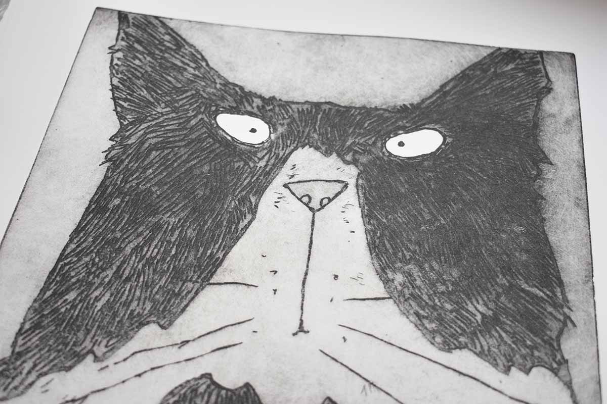 Lucygell's tweet photo. Last weekend I stocked up on printing a handful of 'Tom Cat' etchings. These are now available and ready to send.⁠
⁠
This image is available on products in my Redbubble shop.

#blackandwhitecats #printmakerstudio #justprintmaking #handprinted #printondemand #lucygell https://t.co/GfbdSw1qG0