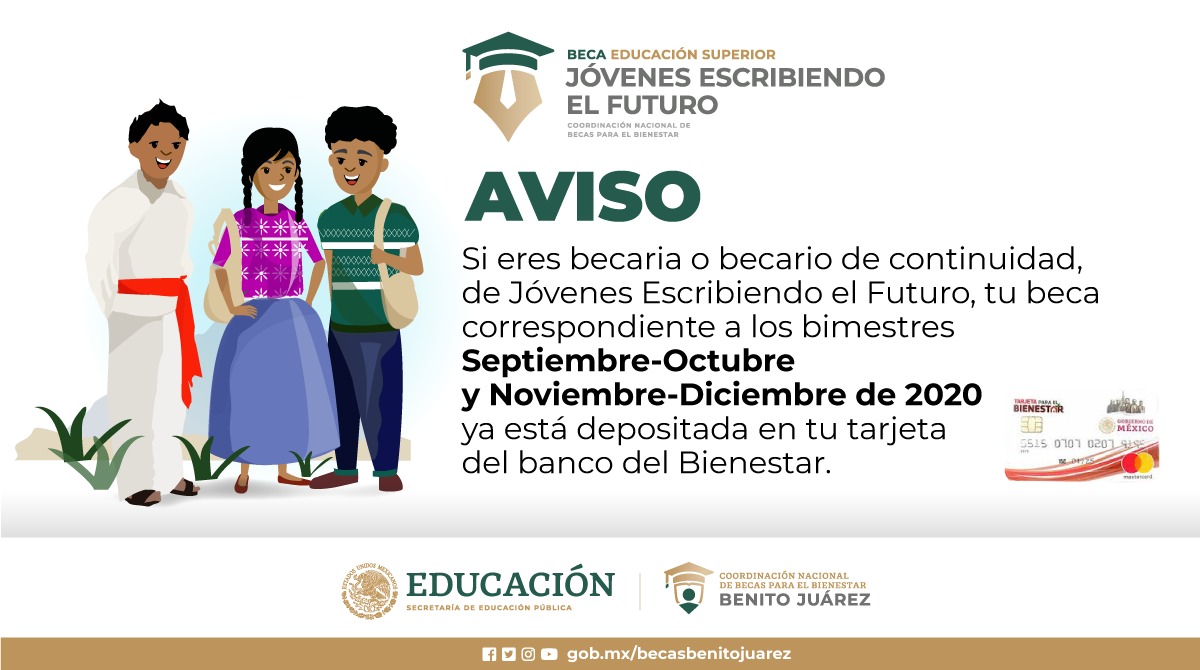 BecasBenito's tweet photo. ⚠️AVISO⚠️

Beca Jóvenes Escribiendo el Futuro🎓

Tu beca correspondiente al 4° y 5° bimestre 2020 ya está depositado en tu tarjeta del @bbienestarmx

Ayúdanos a compartir 📲 https://t.co/vSHzSUVrw4