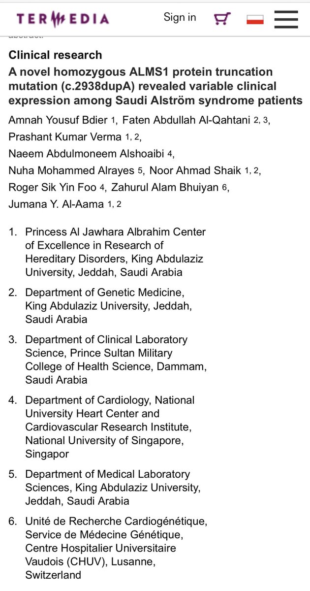 الحمدلله اليوم تم نشر بحث عن إكتشاف طفرة جينية جديدة لأحد أمراض القلب النادرة، تمت الدراسة والتقصي وتحليل الجين بمركز الأميرة الجوهرة بجامعة الملك عبدالعزيز، عمل إحترافي، سعيد لمشاركتي مع الفريق البحثي 🇸🇦🇸🇦
<a href="/j_alaama/">Jumana Al-Aama</a> @kauweb 

termedia.pl/A-novel-homozy…