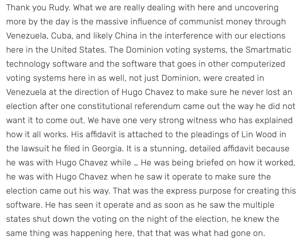 If you watched Trump attorneys newser yesterday, you saw Sidney Powell say they had 'one very strong witness' who explained how the alleged Dominion-Smartmatic vote-changing operation worked. His 'stunning, detailed' affidavit was attached to Lin Wood lawsuit. From Powell: 1/6