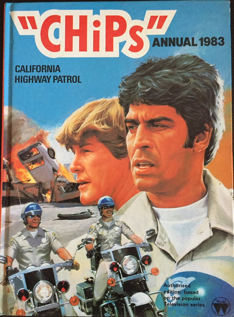 The 1983 "CHiPs" annual. The cover artist has of course never seen Erik Estrada before. Or a car accident.
