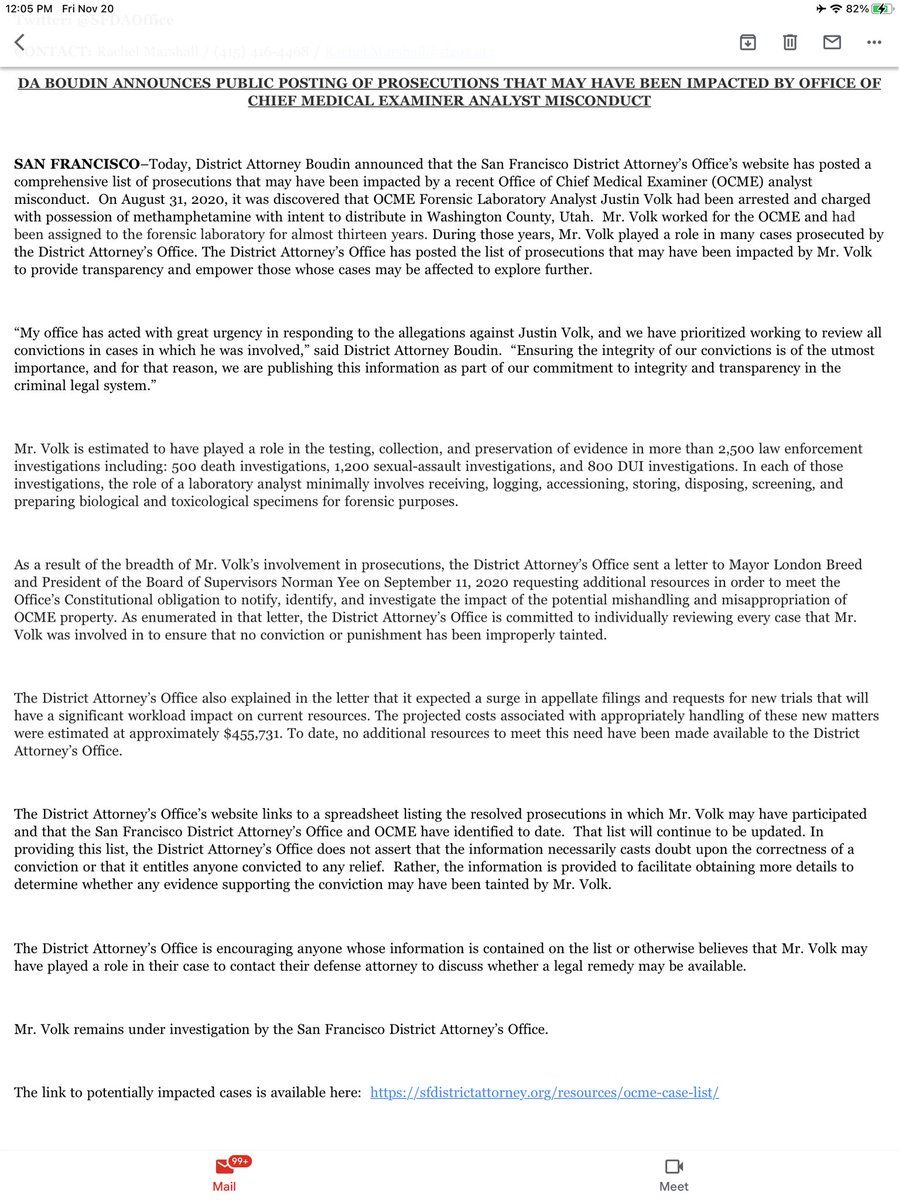 ..discovered Forensic Laboratory Analyst Justin Volk.. arrested & charged with possession of methamphetamine with intent to distribute in Washington County, Utah.. forensic laboratory for almost 13 years.. role in many cases prosecuted.. list of prosecutions that may have been impacted by Volk to provide transparency & empower..

“..acted with great urgency in responding to the allegations against Volk.. prioritized working to review all convictions in cases.. Ensuring the integrity of our convictions is of the utmost importance..commitment to integrity & transparency in the criminal legal system.”

Volk is estimated to have played a role in the testing, collection, & preservation of evidence in more than 2,500 law enforcement investigations including: 500 death, 1,200 sexual-assault investigations, 800 DUI.. In each of those investigations, the role of a laboratory analyst minimally involves receiving, logging, accessioning, storing, disposing, screening, &  preparing biological..