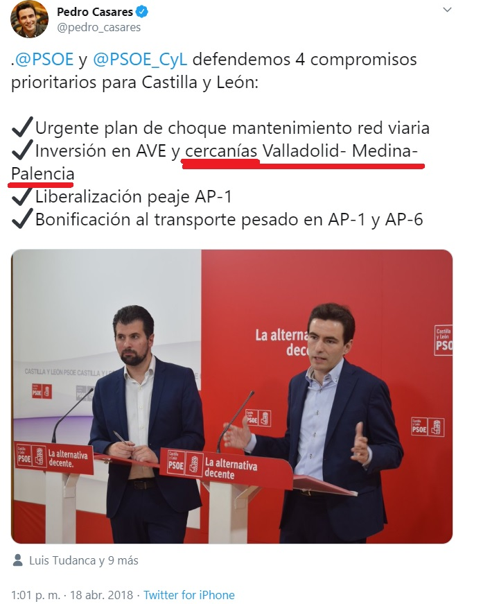 ValladolidFerro's tweet photo. .@oscar_puente_ las Cercanías @Renfe @Adif_es entre #MedinaDelCampo #Valladolid #Palencia deben incluirse en los #PGE2021 compromiso del @PSOE_CyL y @psoevalladolid 
Cumplir @PSOE ya #PGE @desdelamoncloa @sanchezcastejon o @mitmagob @abalosmeco @javizqui https://t.co/cVN7EZ2P0b