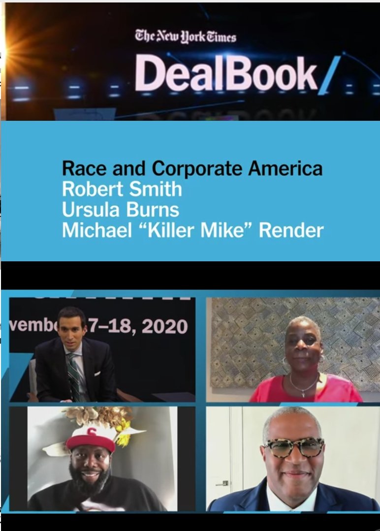 csr_foundation's tweet photo. Insightful "Race and Corporate America" panel discussion during The New York Times #Dealbook2020 Summit  featuring #UrsulaBurns, Robert Smith &amp; Michael "Killer Mike" Render.
https://t.co/SpS0mPWVtV #corporatesocialresponsibility #esg #socialpurpose #RacialEquity #diversity #race https://t.co/2BZJIyOI3k