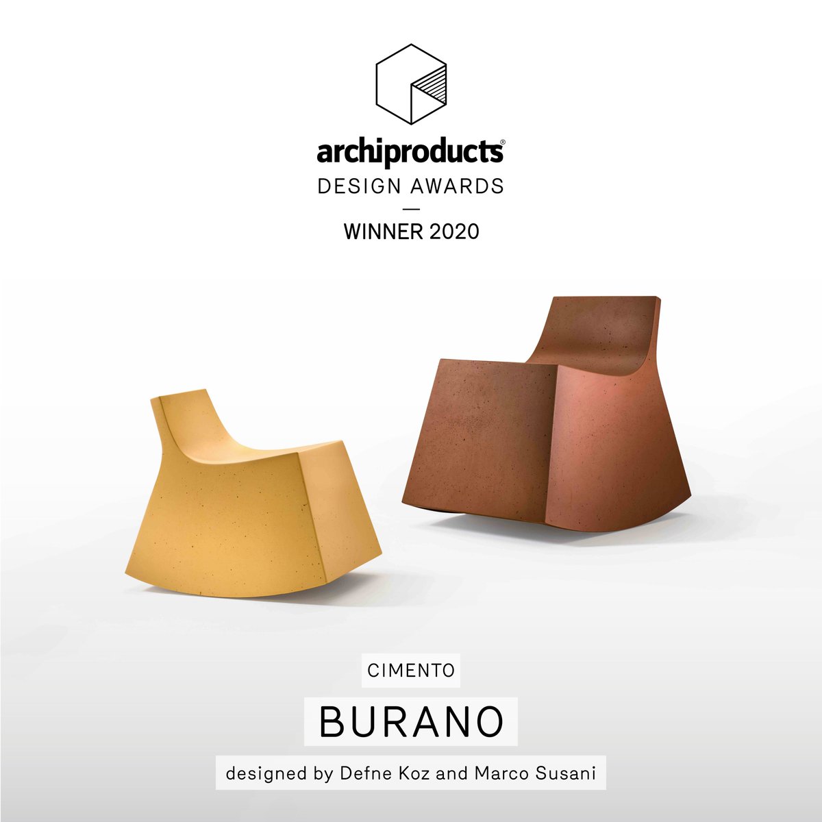 marcosusani's tweet photo. Our design for Burano, rocking chair for Cimento®, won Archiproduct Design Award 2020! https://t.co/FVNq2ModO9 https://t.co/gdQFpVA4tY