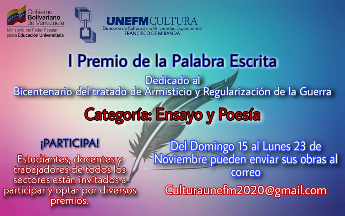 En el Mes del Estudiante Universitario. El Ministerio del Poder Popular Para la Educación Universitaria MPPEU. Te invita a participar en el *I Premio Universitario de la Palabra Escrita* dedicado al *Bicentenario del Tratado de Armisticio y Regularización de la Guerra*