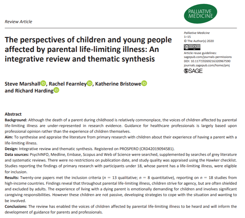 PalliativeMedJ's tweet photo. Children living with parental life-limiting illness desire open communication and want to be more involved. #hpm #hapc https://t.co/ZshSXqsgRe https://t.co/UPNDAfjERn