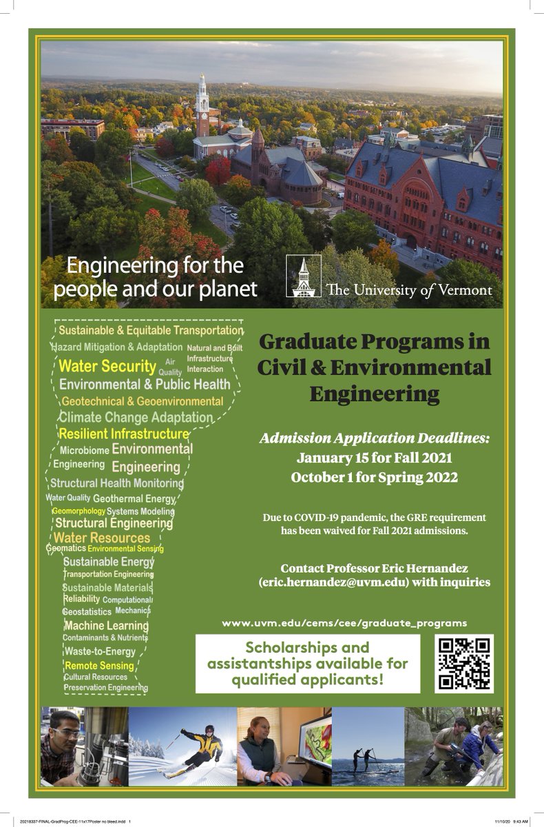 If you are looking for exciting graduate research opportunities and great mentors to work with then check our CEE graduate program at the University of Vermont.