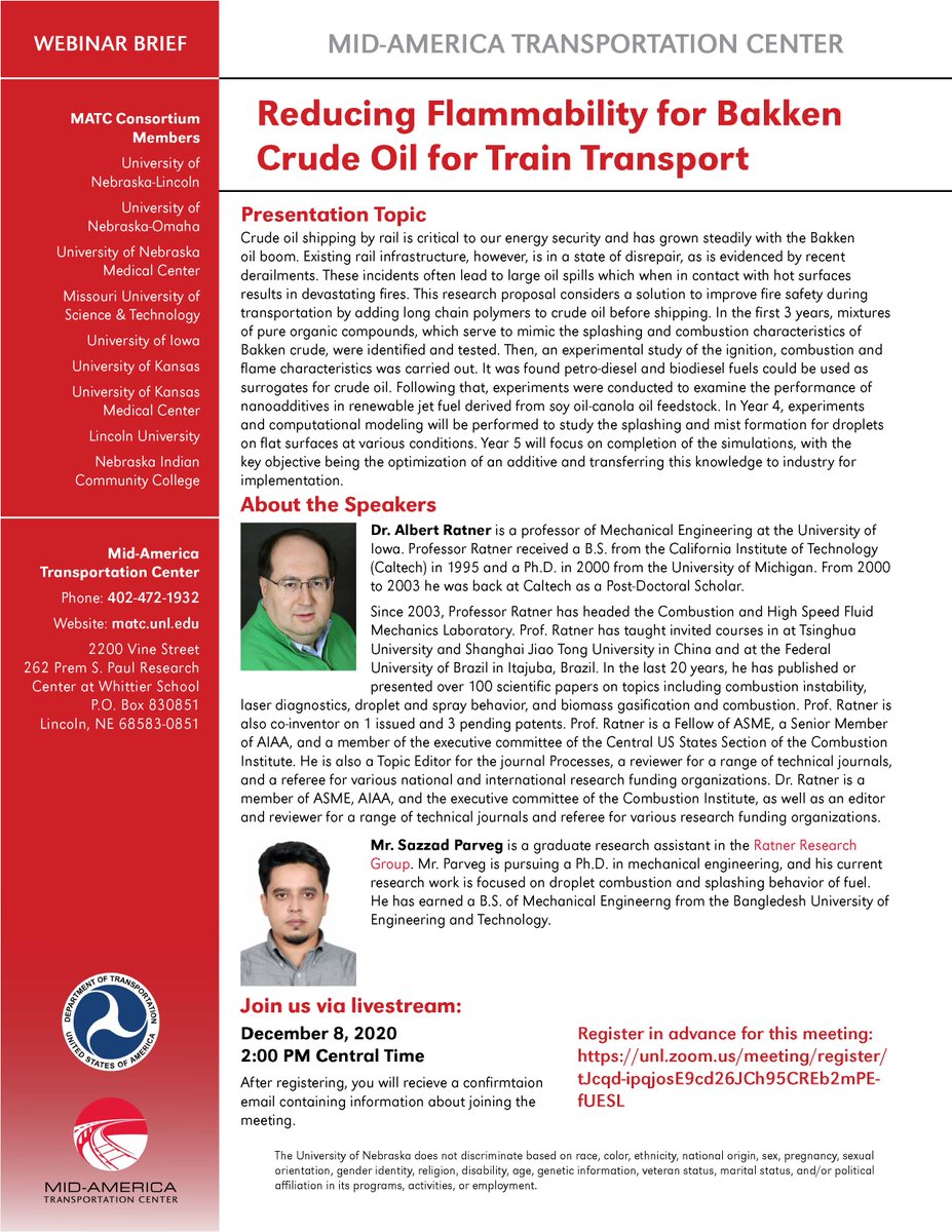 inspire_utc's tweet photo. On December 8th at 2:00 PM CST, join the Mid-America Transportation Center for a free webinar on: Reducing Flammability for Bakken Crude Oil for Train Transport
To register: https://t.co/8Qp1DPPCOE https://t.co/ZShQJMexyA