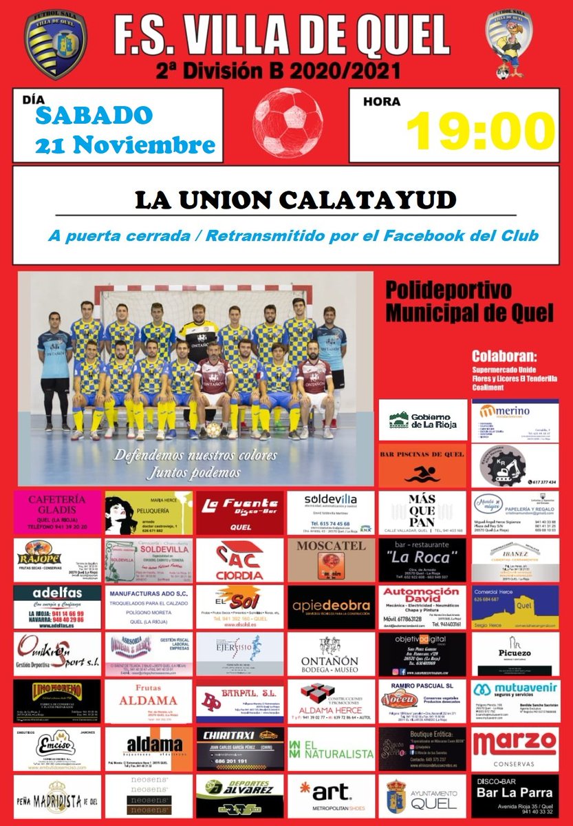 FSVilladeQUEL1's tweet photo. FINAL FINAL victoria histórica. ¡Remontada con el corazón y el castillo de Quel en el corazón! + 3 EQUIPO 

¡Una pena no poder ver el Polideportivo hasta la bandera! 
#AupaVilladeQuel #FutbolSalaRiojano #VilladeQuel #2bfutsal https://t.co/yC4cVsvosR https://t.co/EH5k0FZVGF