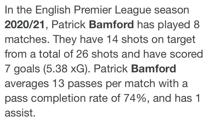 3. KEY PLAYERS[Patrick Bamford - Leeds]With 7 goals in 8 apps this season (1 assist, 14 SoTs from 29 shots at-goal, and 3.3 shots per game), the English striker is a man in form, currently averaging 1 goal per 96 minutes of football he plays.