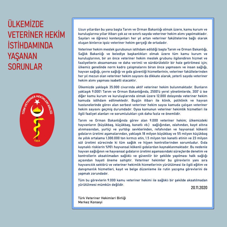 Kamu Veteriner Hekimliği kadrosu istihdam ile güçlendirilmelidir. 
#veterinerhekim  #hayvancılık  #hayvansağlığı  #hayvanrefahı  #gıdagüvenliği  #veterinerhalksağlığı
