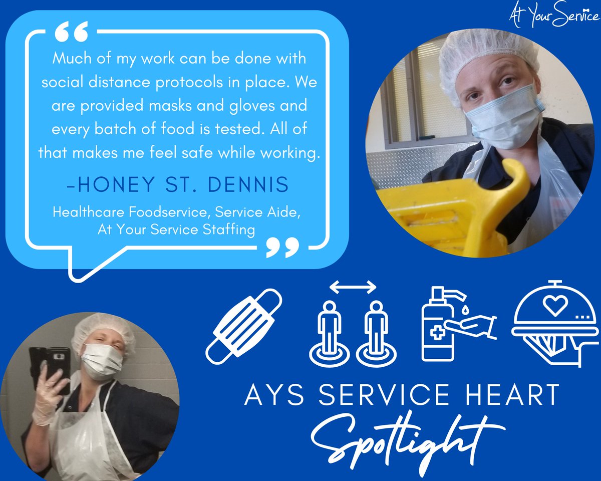ays_staffing's tweet photo. Our #serviceheart spotlight is back! For this #featurefriday, we are highlighting #AYS team member, Honey St. Dennis, who is safely providing #backofthehouse &amp; #healthcare food services to our valued clients during #COVID19. So proud &amp; grateful for our whole team! #gratitude https://t.co/6ZnbYADrzQ