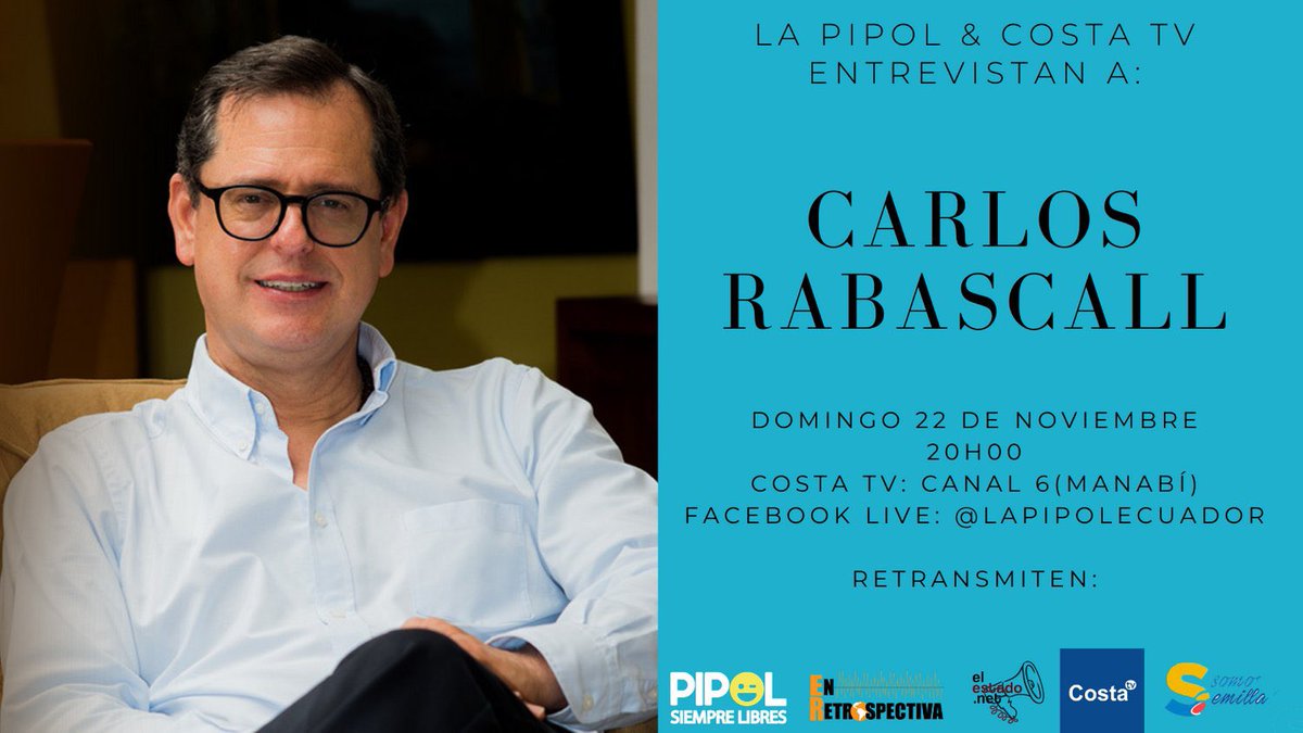 lapipolecuador's tweet photo. 🔊Este domingo 22| 20H00
#LaPipol #CostaTv
#CadenaDePlataformasDigitales
No te pierdas la entrevista a Carlos Rabascall @rabascallcarlos, candidato a la Vicepresidencia del Ecuador por @cendemocratico @UNESECUADOR
#ElBinomioDeLaEsperanza
Míranos ⤵️
https://t.co/8ZJMHpJzYJ https://t.co/UI6AOhZHpJ