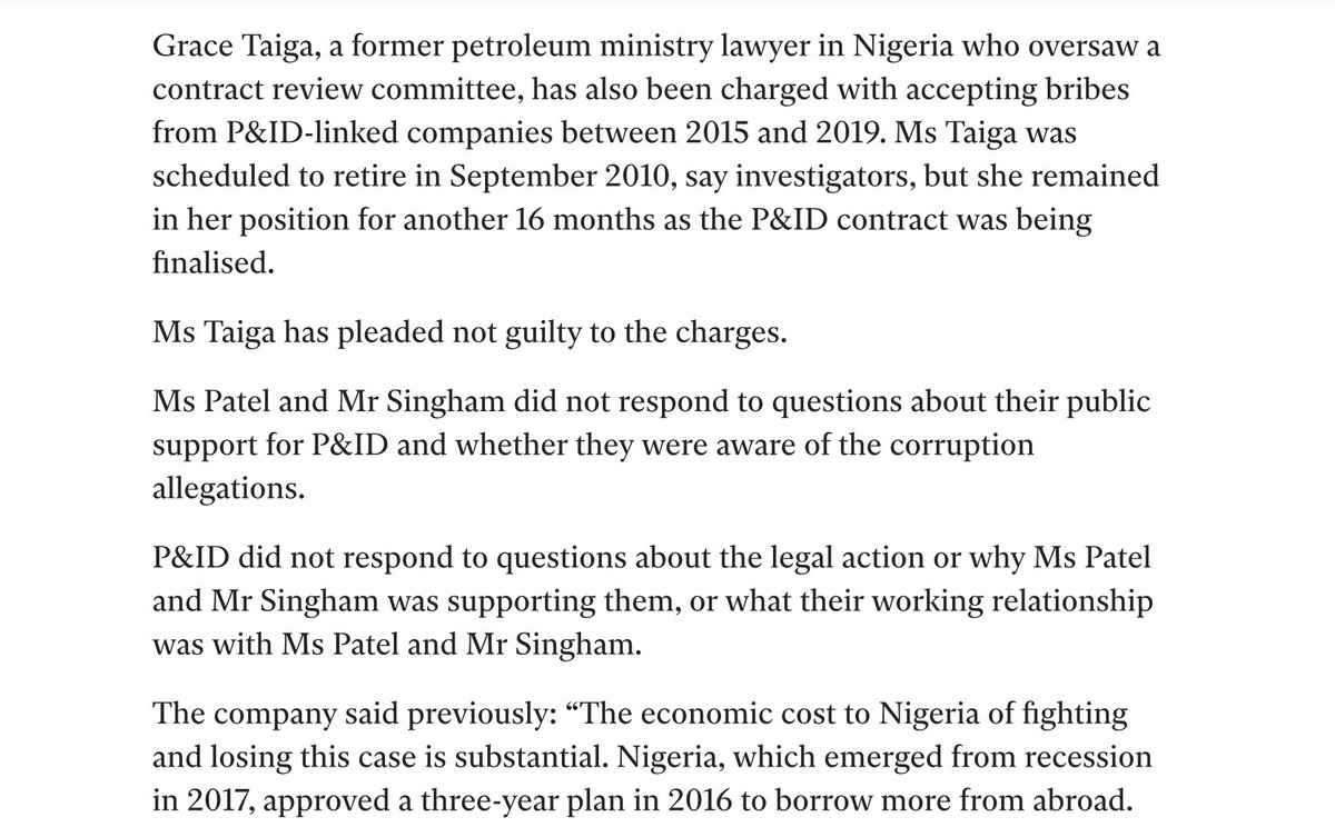 Looks as if a Nigerian Government Minister has already been charged with accepting bribes from P& ID- linked companies between 2016-2019, so during the period Patel and Singham were writing in support of the companyWHY WOULD THEY DO THAT