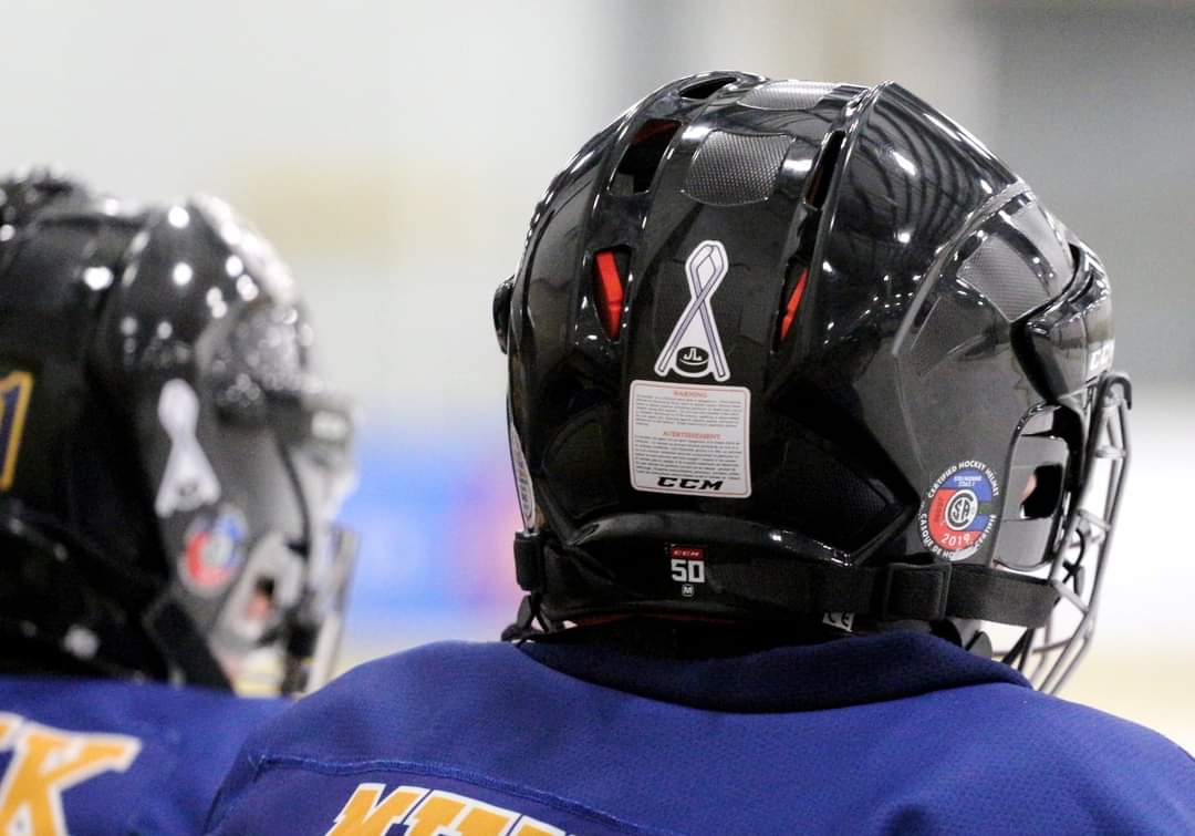BluesU13AABlue's tweet photo. Tonight we wore helmet stickers in memory of our hockey mom JL.  Like to think she had a little something to do with #8 scoring our first goal of the night.
#4JL https://t.co/TgZS4rprJH https://t.co/jacS4Floab