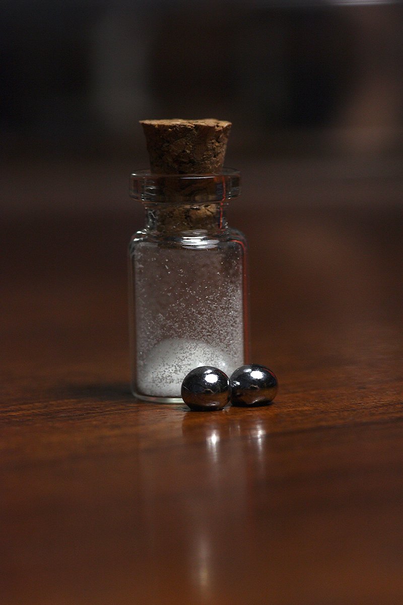 Rhenium  #elementphotos. White powder is rhenium pentacarbonyl chloride (Re(CO)5Cl).