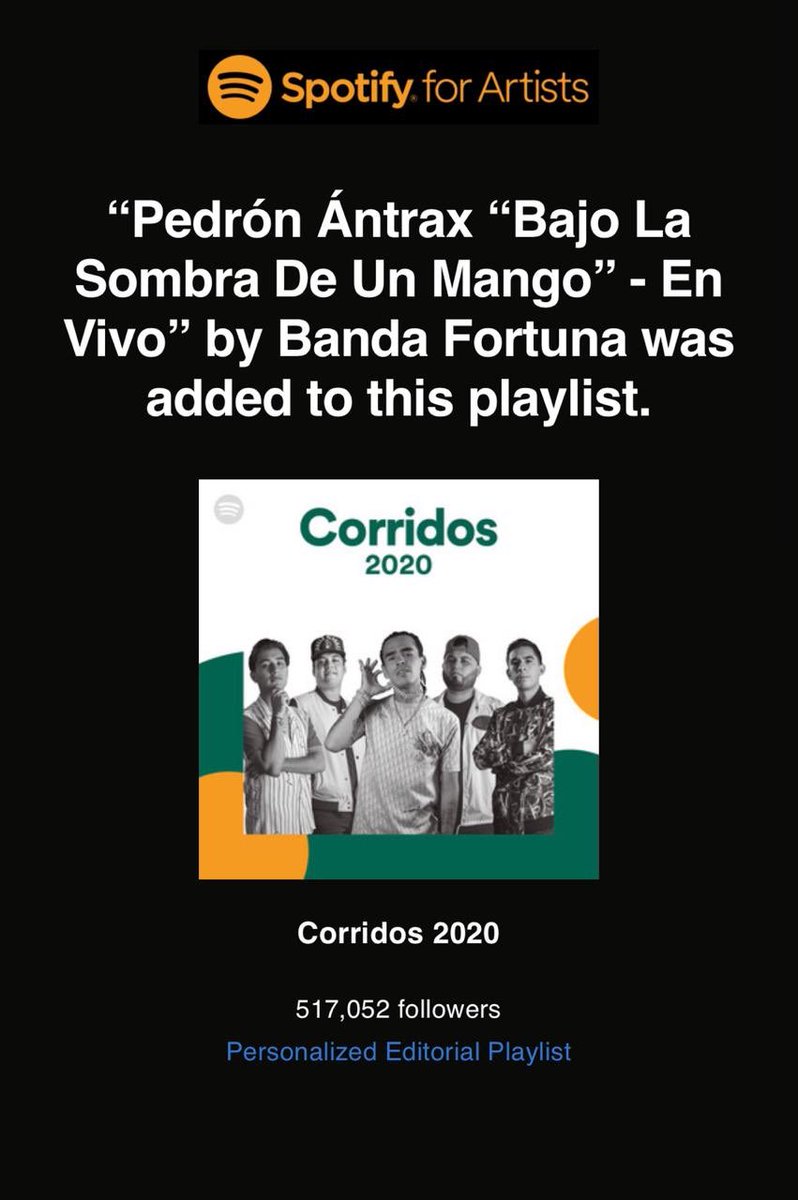 bandafortuna's tweet photo. #PedronAntrax ya esta en los Playlists de Spotify en Corridos 2020 https://t.co/k6uCqXz0Z5