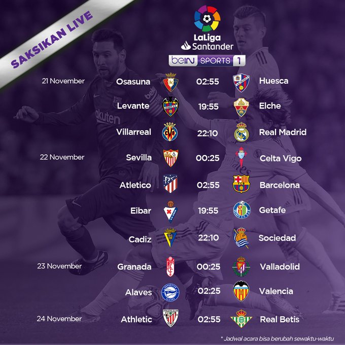 Jadwal #Laliga pekan ini:
Osasuna vs Huesca
Levante vs Elche
Villareal vs Real Madrid
Sevilla vs Celta Vigo
Atlético Madrid vs Barcelona
Eibar vs Getafe
Cádiz vs Real Sociedad
Granada vs Real Valladolid
Alavés vs Valencia
Athletic Bilbao vs Real Betis https://t.co/o6R3aS1kUI