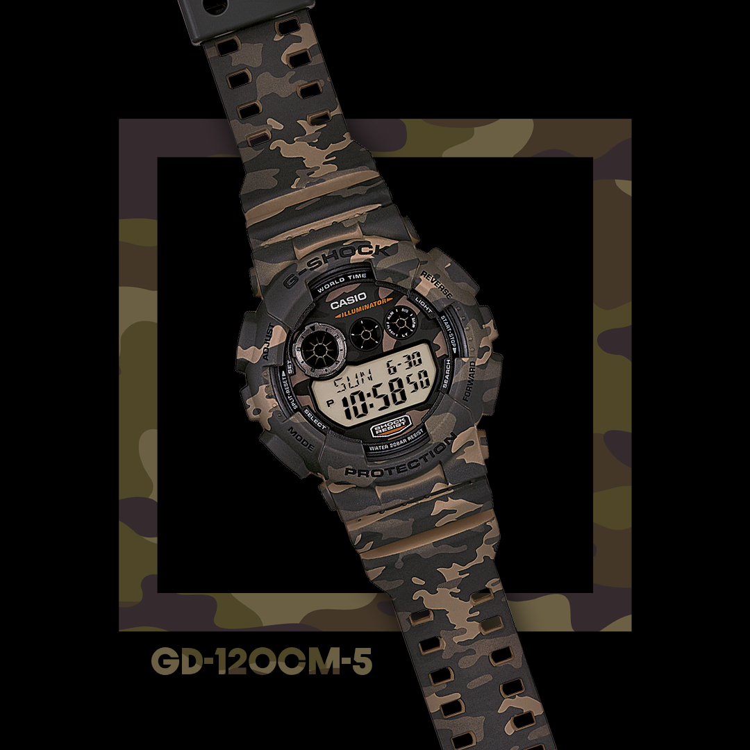 GShockBrasil's tweet photo. Mais uma dica de G-Shock Camuflado na área. Dessa vez o GD-120CM com funções como Super Illuminator, Horas Variadas (4 diferentes cidades), Hora Mundial, Cronômetro, Alarmes e Bateria com aprox. 7 anos de duração. Curtiu? 😎

#GShock #GShockBrasil #GShockLover #GD120CM5 #GD120 https://t.co/phVTkYNXii