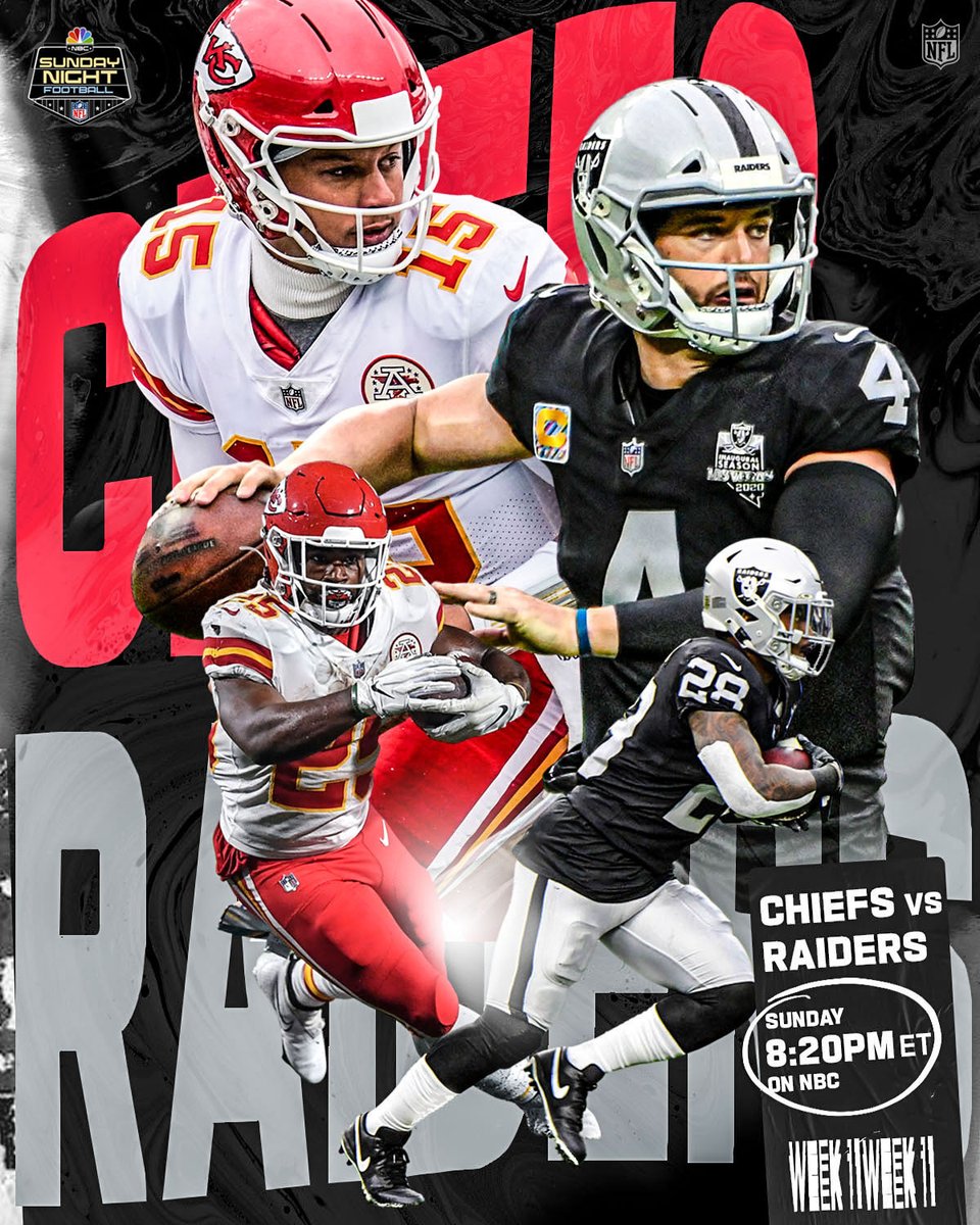 NFL's tweet photo. All eyes on Vegas on Sunday Night. 👀

#ChiefsKingdom | #RaiderNation 

📺: #KCvsLV -- Sunday 8:20pm ET on NBC
📱: NFL app // Yahoo Sports app https://t.co/YJfwYr02Kw
