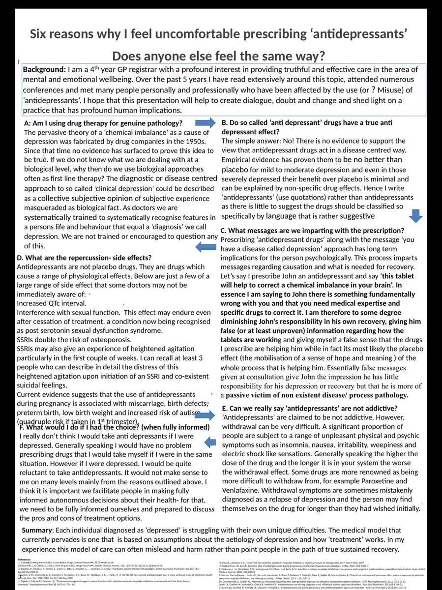 2/ - Reasons why I often feel uncomfortable prescribing antideps- Detailed information regarding side effects & withdrawal effect (many did not know re inc risk of osteoporosis, or the range of risks to a developing foetus)- The tendency of PHQ9 tool to overestimate severity