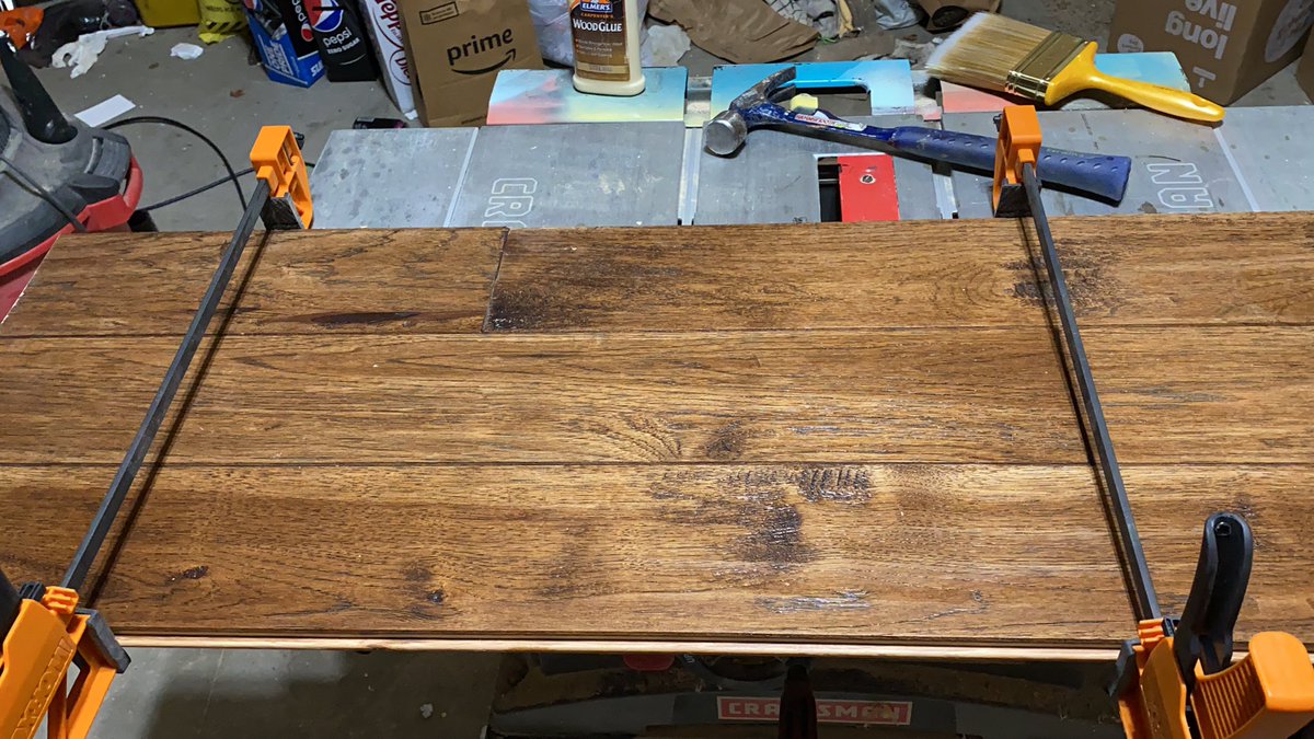 mrlauerman's tweet photo. Making a desk from leftover flooring. Remote learning day 3 is done. Hopefully a desk will make thing easier. https://t.co/AGdv4eLW74