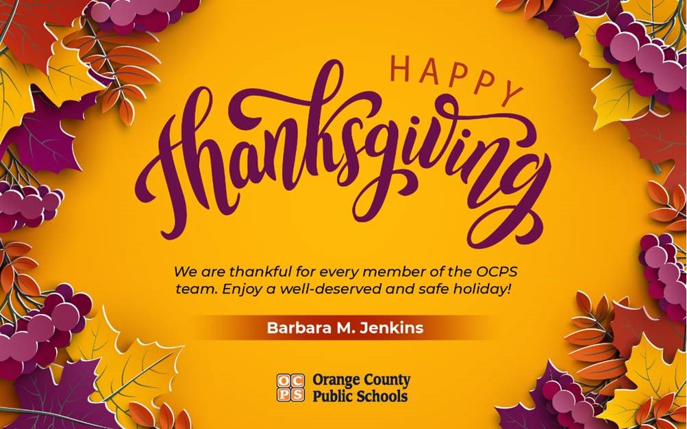 Dr. Barbara Jenkins (@drbjenkins008) on Twitter photo We are thankful for every member of the OCPS team. Happy Thanksgiving and I hope you enjoy a well-deserved and safe holiday! We are thankful for every member of the OCPS team. Happy Thanksgiving and I hope you enjoy a well-deserved and safe holiday!