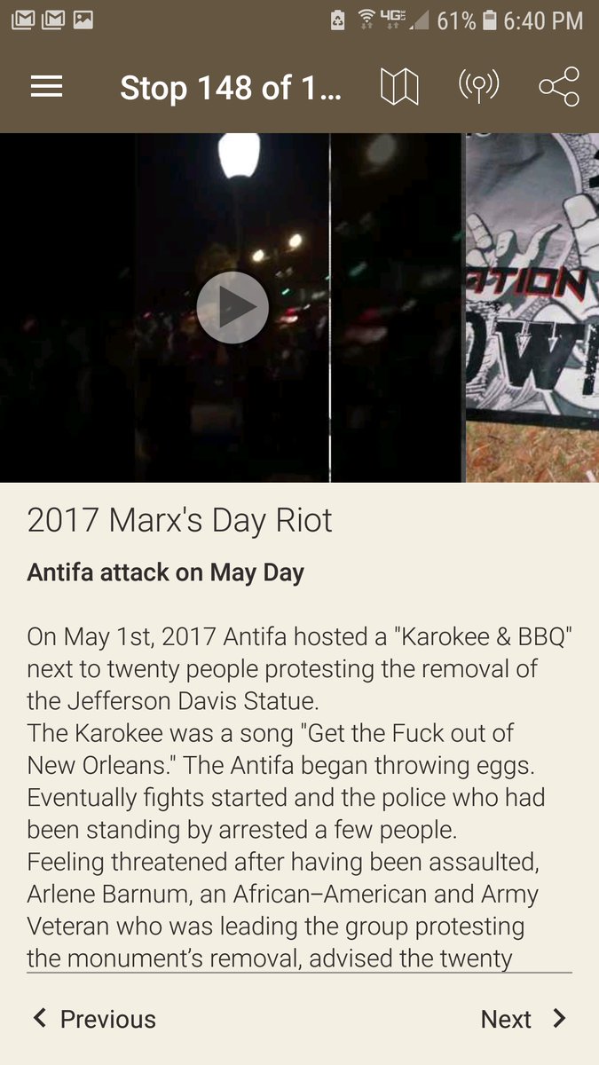 One stop on the tour is simply entitled ‘2017 Marx’s Day Riot’ and includes QAnon level stories about ‘antifa’, including a mention of the long standing anti-semitic conspiracy theory that the Rothschild family funded Karl Marx and that Jews are behind current civil unrest.