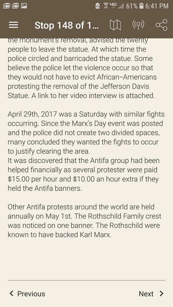 One stop on the tour is simply entitled ‘2017 Marx’s Day Riot’ and includes QAnon level stories about ‘antifa’, including a mention of the long standing anti-semitic conspiracy theory that the Rothschild family funded Karl Marx and that Jews are behind current civil unrest.
