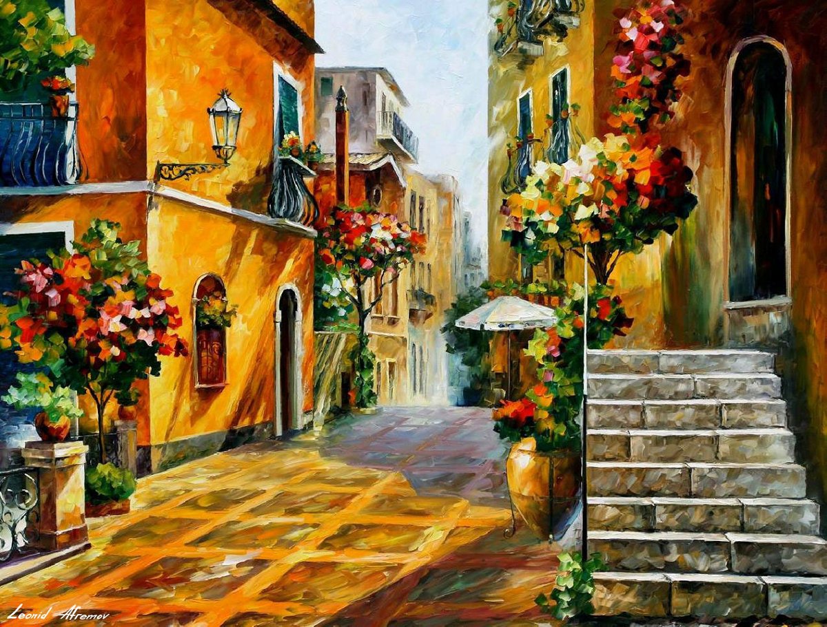 THE SUMMER SUN OF SICILY — Pintura al oleo de Leonid Afremov afremov.com/es/the-summer-…