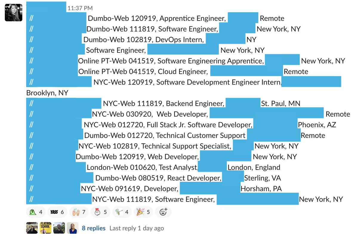 FlatironSchool's tweet photo. #FridayFeeling Congratulations to our amazing alumni who landed jobs this week!! We're blown away by your brilliance and are so proud of all you've achieved. #FlatironGrads #changethings https://t.co/mdE2tH4Dws