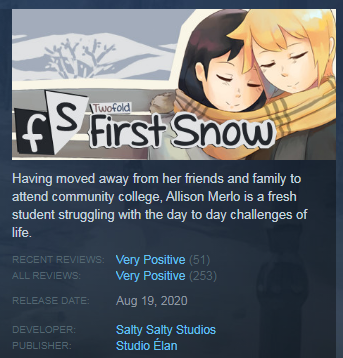 vnstudioelan's tweet photo. #FirstSnowVN is halfway towards receiving an Overwhelmingly Positive rating on Steam! If you enjoyed this romantic coming-of-age story by @saltyx2studios, make sure you leave a review - it'd mean a lot to us!
https://t.co/IRci7jmlxT https://t.co/xxVzYTOJQw
