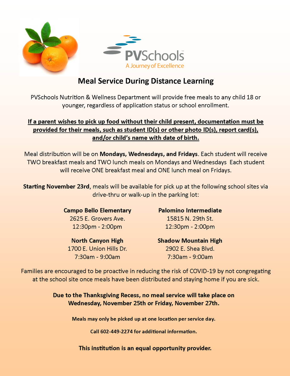 pvschools's tweet photo. Curbside meal pick-up locations will resume Monday, November 23. Free breakfast and lunch is available to any child 18 years or younger regardless of application status or school enrollment. See flyer for more details or visit https://t.co/FFzRMrn3aj. #PVSchoolsPrepared https://t.co/pdjkNL46Nd