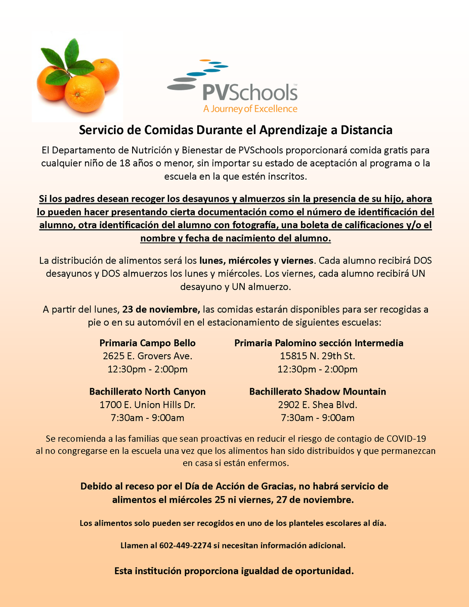 pvschools's tweet photo. Curbside meal pick-up locations will resume Monday, November 23. Free breakfast and lunch is available to any child 18 years or younger regardless of application status or school enrollment. See flyer for more details or visit https://t.co/FFzRMrn3aj. #PVSchoolsPrepared https://t.co/pdjkNL46Nd