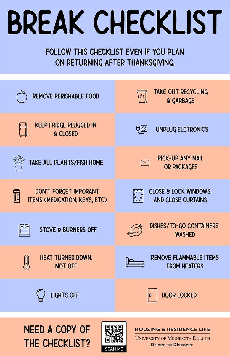 Packing to head home for the break? Check out these handy lists so you don't forget the important things!  z.umn.edu/hrlbreaks