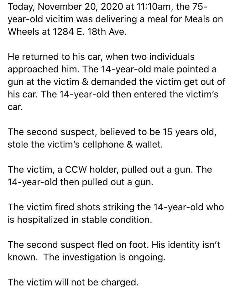 ColumbusPolice's tweet photo. 75YO MEALS ON WHEELS VOLUNTEER ROBBED@GUNPOINT SHOOTS 14YO WHO HELD HIM UP:

11/20/20@11:10am-75yo victim delivering a meal for Meals on Wheels at E. 18th Ave.

14yo pointed gun@him-another teen stole his📱&amp;wallet

14yo arrested 8/20-Theft Motor Vehicle, 7/20-Robbery &amp; Kidnapping https://t.co/zp48hT4Pkz