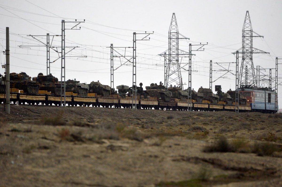9. More and better resolution pics are now available of the same train. They show an additional T-72 and possibly the barrel of another at this end of pic 1, plus an additional D-20 and D-30 towed howitzer in pic 3 (these probably also from the 05/11 film)  https://t.me/military_az/1684