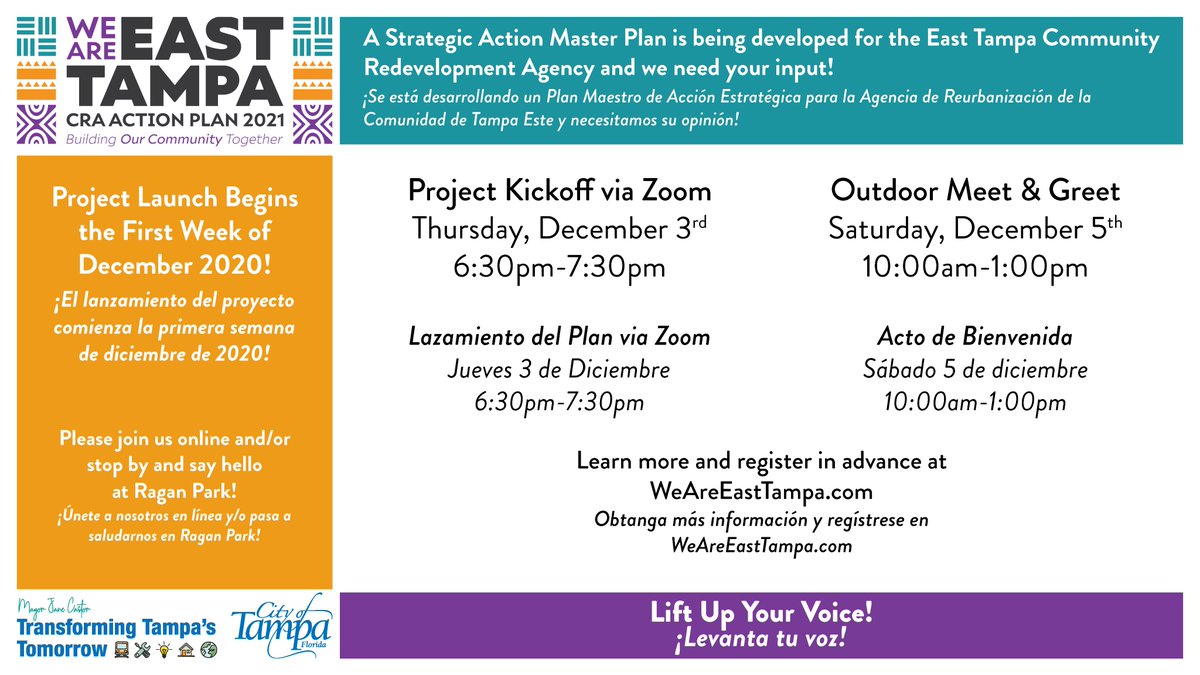 CityofTampa's tweet photo. East Tampa residents &amp; businesses: We're excited to announce the launch of a Strategic Action Master Plan for the East Tampa CRA to identify the needs of our East Tampa community &amp; develop a plan of action/investment. Provide your input: https://t.co/yMaExL0bev
#TransformingTampa https://t.co/JA8GpC1vfY