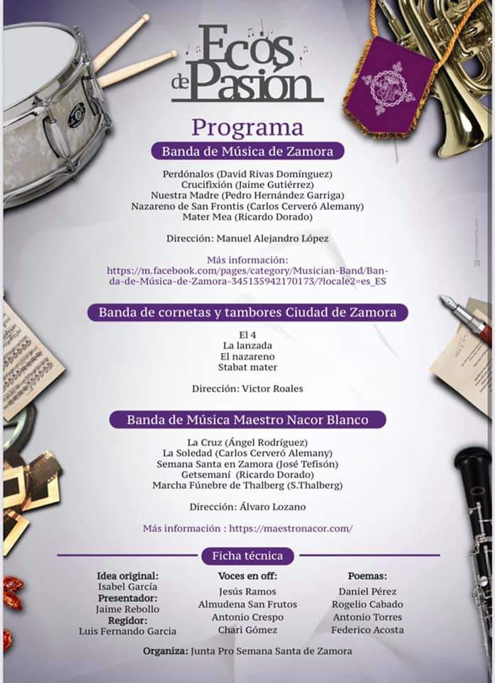 Amigos! mañana tenemos una cita con nuestros compañeros de #BandaDeMusicaDeZamora y #BandaDeMusicaMaestroNacorBlanco en el #TeatroRamosCarrion y en #TV8 

#BandaDeCCyTTciudadDeZamora 📯🥁 
#EcosDePasion #JuntaProSemanaSantaDeZamora
