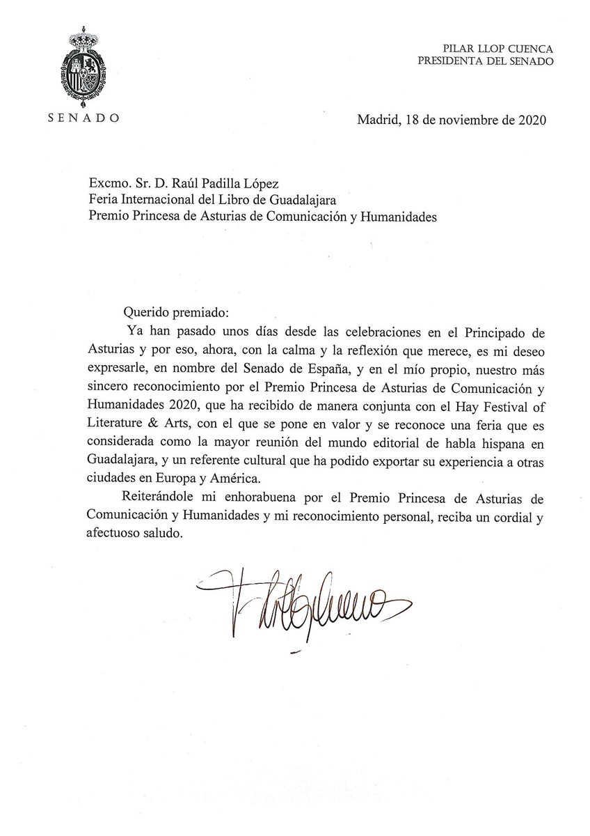 Les comparto esta distinción del Senado de España, que reconoce el valor y aporte de la <a href="/FILGuadalajara/">FIL Guadalajara</a> como referente cultural que ha podido exportar su experiencia a otras ciudades de Europa y América.