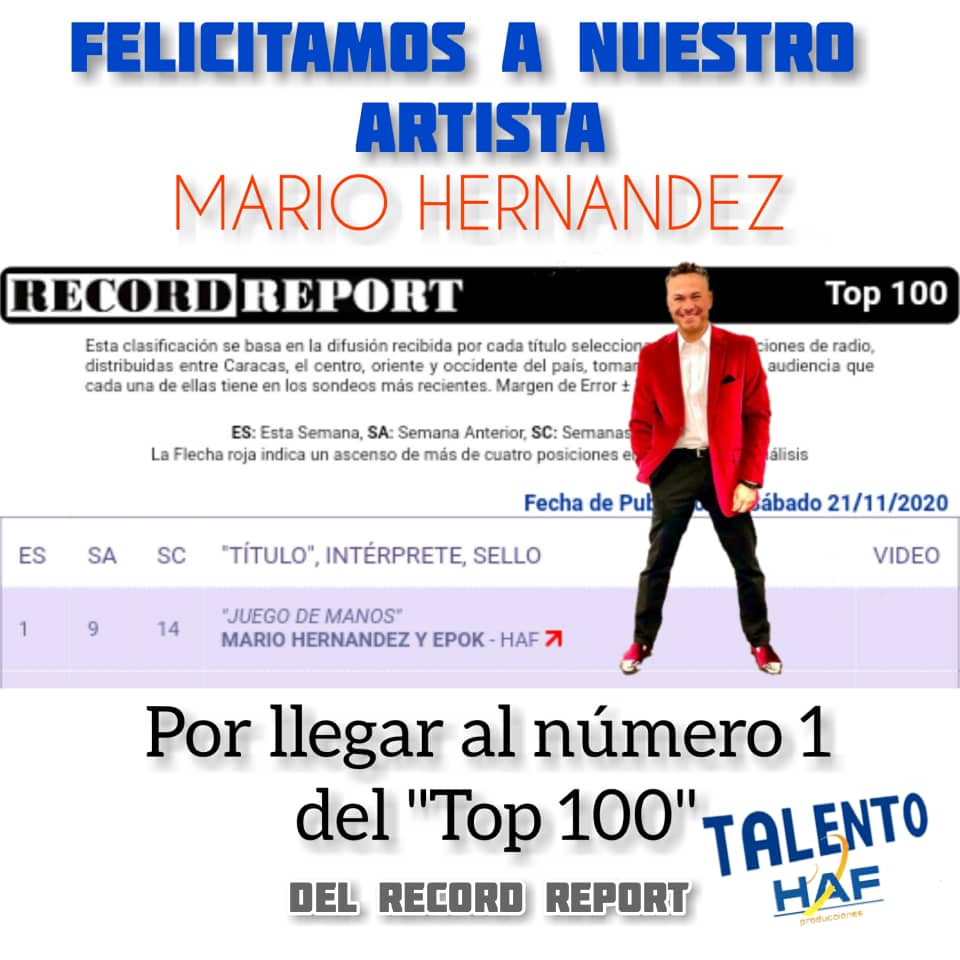 <a href="/ProduccionesHAF/">Producciones HAF</a> felicita a su artista <a href="/oficialmarioh/">Mario Hernandez</a> al obtener 4 #1 en las carteleras del Top 100-Salsa del <a href="/Record_Report/">Record Report</a> agencia oficial de la musica en Vzla. <a href="/Hirvinflores/">Hirvin flores</a>