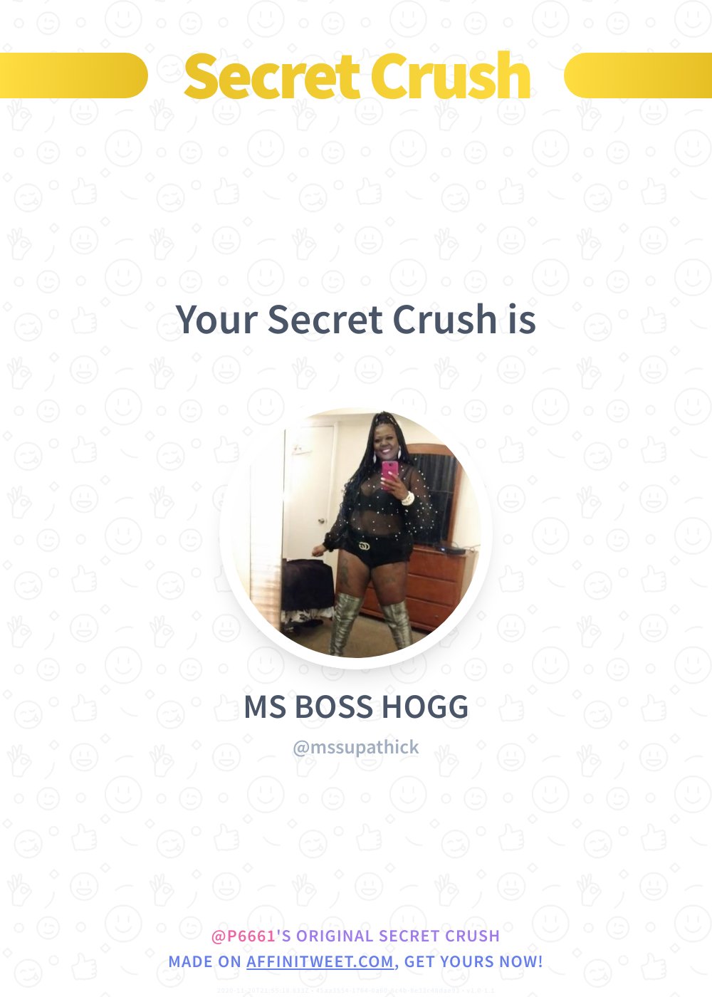✨ Secret Crush mssupathick secretly loves you! 😳 Who loves you in secret? ➡️ https://t.co/JUMOpuPQpt https://t.co/ALNt1yLmQE