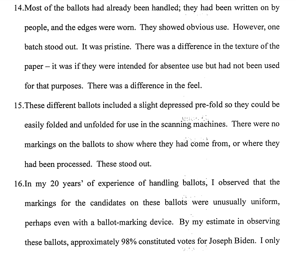 Exhibit C: A witness says she observed a batch of "pristine" ballots during the recount, with markings that were "uniform." Most, but not all, were votes for Biden.