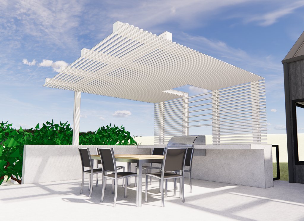 thoughtcraftarc's tweet photo. Chatham Residence: Update – Outdoor Kitchen. The structure for the outdoor kitchen has been installed. Cantilevered steel outriggers will be clad with painted @accoyawood louvers to shade the area at the hottest times of day and define the area against the more open pool deck. https://t.co/pCjGM0Rrmx