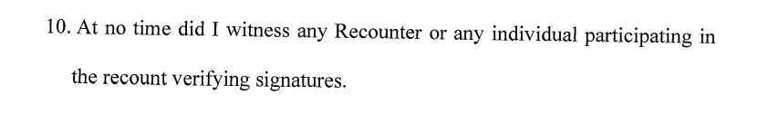 Exhibit D: A witness says people weren't verifying signatures on ballots (which aren't signed). Some ballots were neatly-bubbled, and only had Biden votes. Some numbers didn't add up. Therefore he believes "there was widespread fraud favoring Joseph Biden."