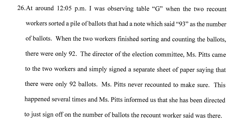 Exhibit D: A witness says people weren't verifying signatures on ballots (which aren't signed). Some ballots were neatly-bubbled, and only had Biden votes. Some numbers didn't add up. Therefore he believes "there was widespread fraud favoring Joseph Biden."